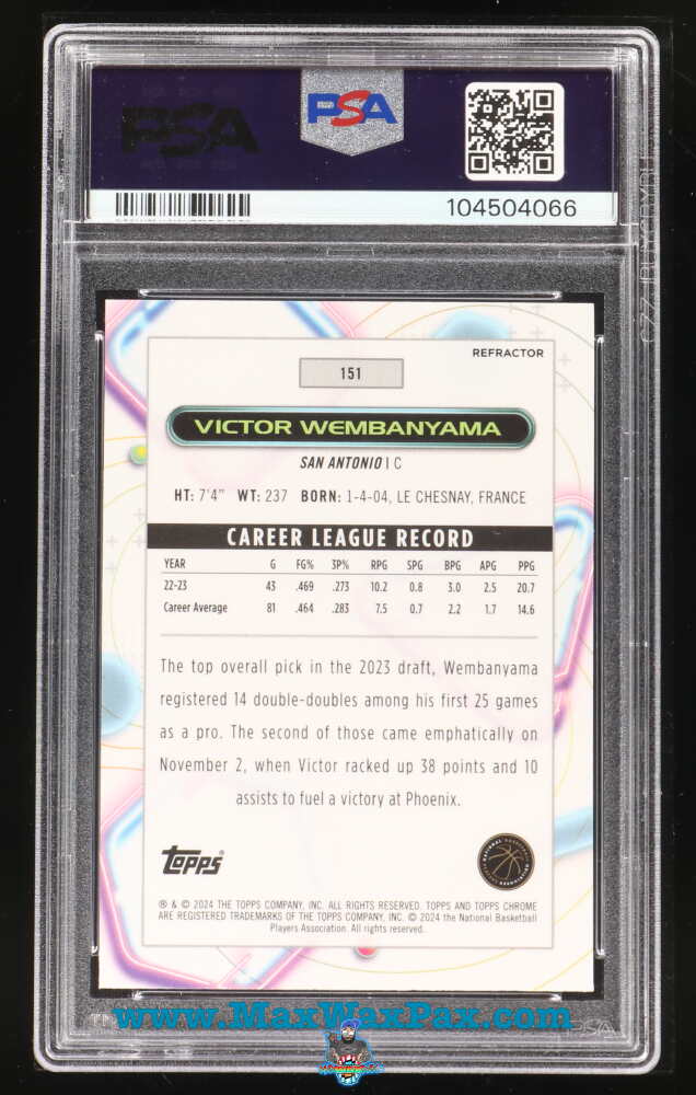Back of 2023 Topps Cosmic Chrome Refractor Victor Wembanyama #151