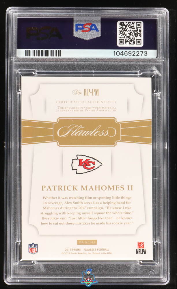 Back of 2017 Panini Flawless Rookie Patch Sapphire Patrick Mahomes II #26 /10