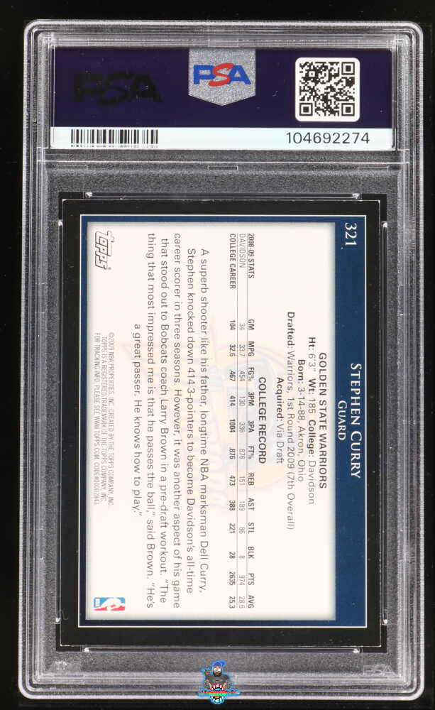 Back of 2009 Topps Rookie Stephen Curry #321