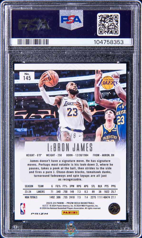 Back of 2023 Panini Prizm Deca Black Gold Shimmer Fotl Prizm LeBron James #145 /8