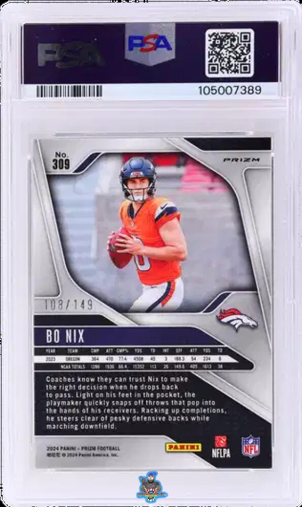 Back of 2024 Panini Prizm Red Wave Prizm Bo Nix #309 /149