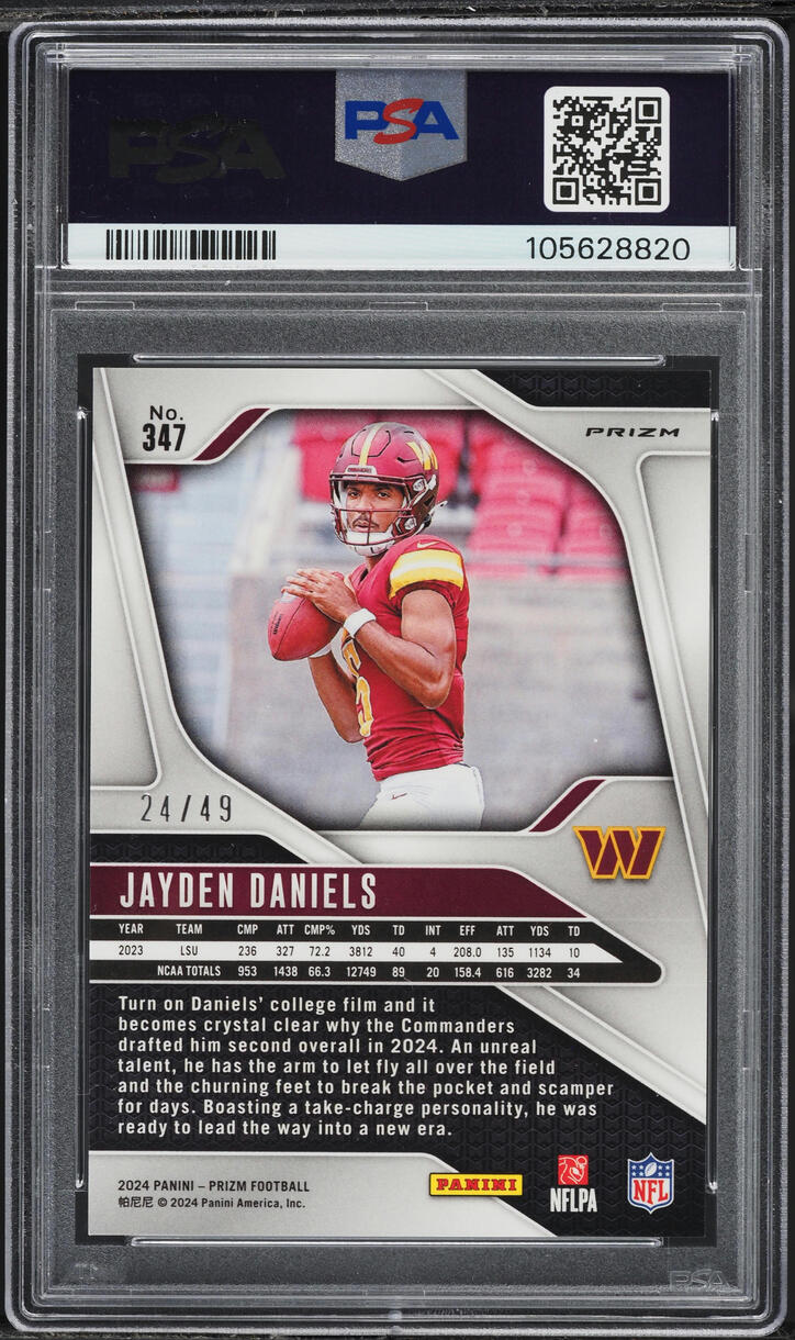 Back of 2024 Panini Prizm No Huddle Purple Jayden Daniels #347