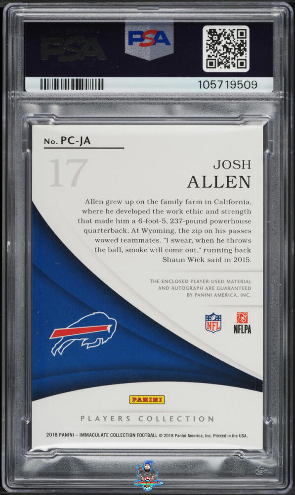 Back of 2018 Panini Immaculate Collection Players Collection Material Autograph Gold Josh Allen #4 /5