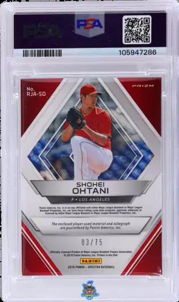 Back of 2018 Panini Chronicles Spectra Rookie Jersey Autograph Neon Blue Shohei Ohtani #RJASO /75