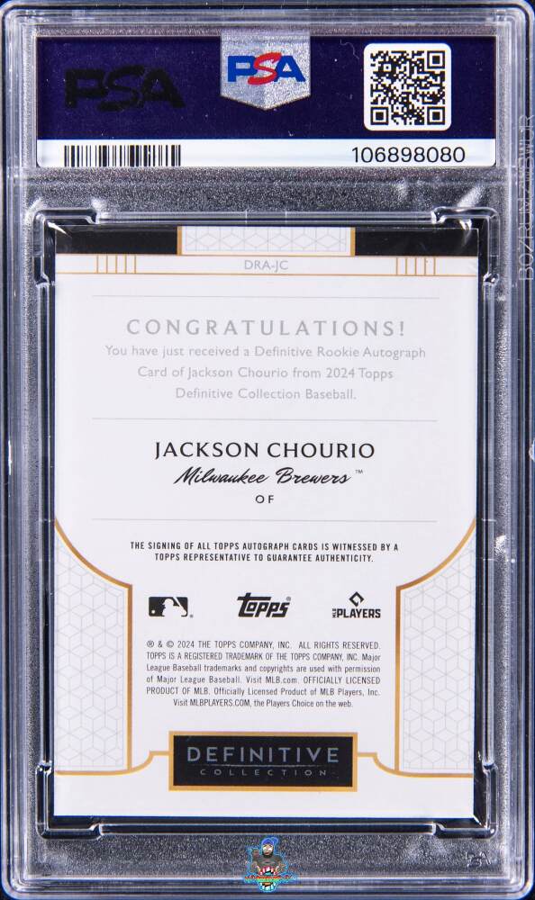 Back of 2024 Topps Definitive Collection Definitive Rookie Autographs Green Jackson Chourio #JC