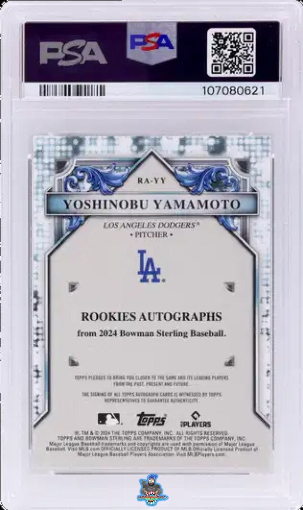 Back of 2024 Bowman Sterling Rookies Autograph Blue Refractor Yoshinobu Yamamoto #RAYY /25