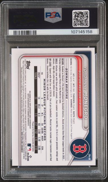 Back of 2024 Bowman Chrome Prospect Autographs Prospect Auto-Purple Ref Yordanny Monegro #CPAYM