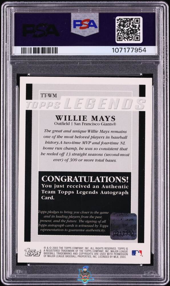 Back of 2003 Topps Team Legends Autograph Willie Mays #TT-WM