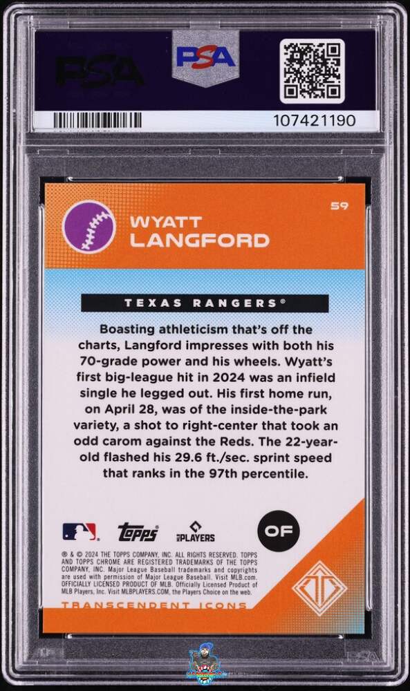 Back of 2024 Topps Transcendent Collection Transcendent Icons Chrome Image Variation-Superfractor 1/1 Wyatt Langford #59