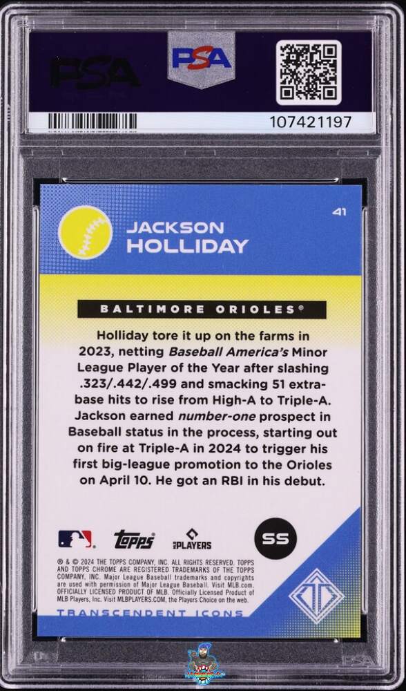 Back of 2024 Topps Transcendent Collection Transcendent Icons Chrome Image Variation-Superfractor 1/1 Jackson Holliday #41