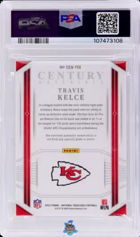 Back of 2023 National Treasures Century Material Platinum Travis Kelce #CENTKE /1