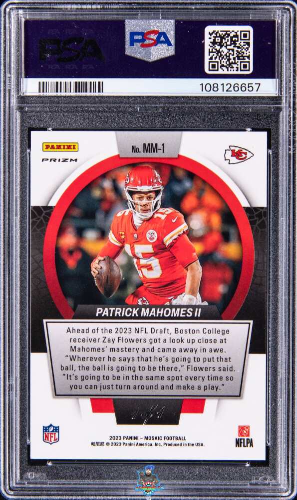 Back of 2023 Panini Mosaic Men of Mastery Black 1/1 Patrick Mahomes II #MM1