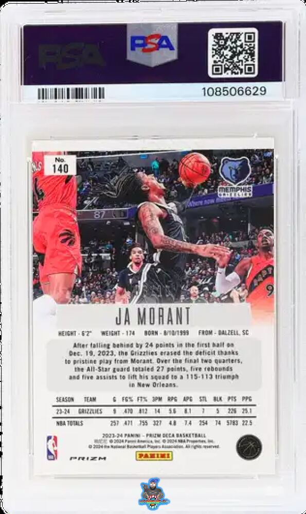 Back of 2023 Panini Prizm Deca Gold Prizm Ja Morant #140 /10