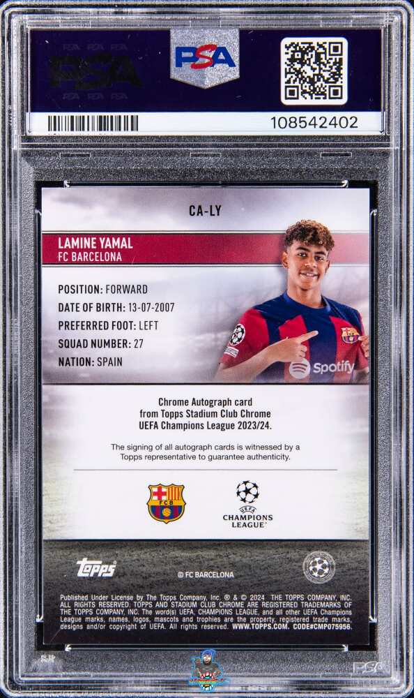 Back of 2023 Topps Stadium Club Chrome UEFA Club Competitions Chrome Autographs Auto-Mo Gold Refractor Lamine Yamal #CALY