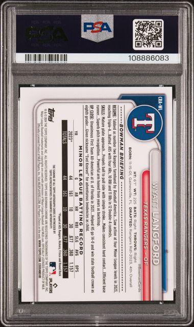Back of 2024 Bowman Chrome Chrome Rookie Autographs Wyatt Langford Rookie Auto-Gold Refractor