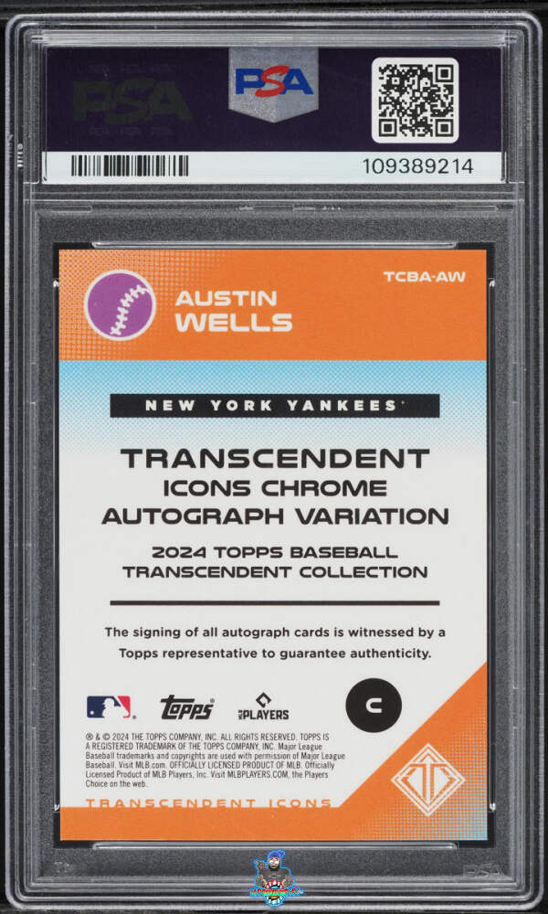 Back of 2024 Topps Transcendent Collection Transcendent Icons Chrome Autographs Superfractor 1/1 Austin Wells #AW