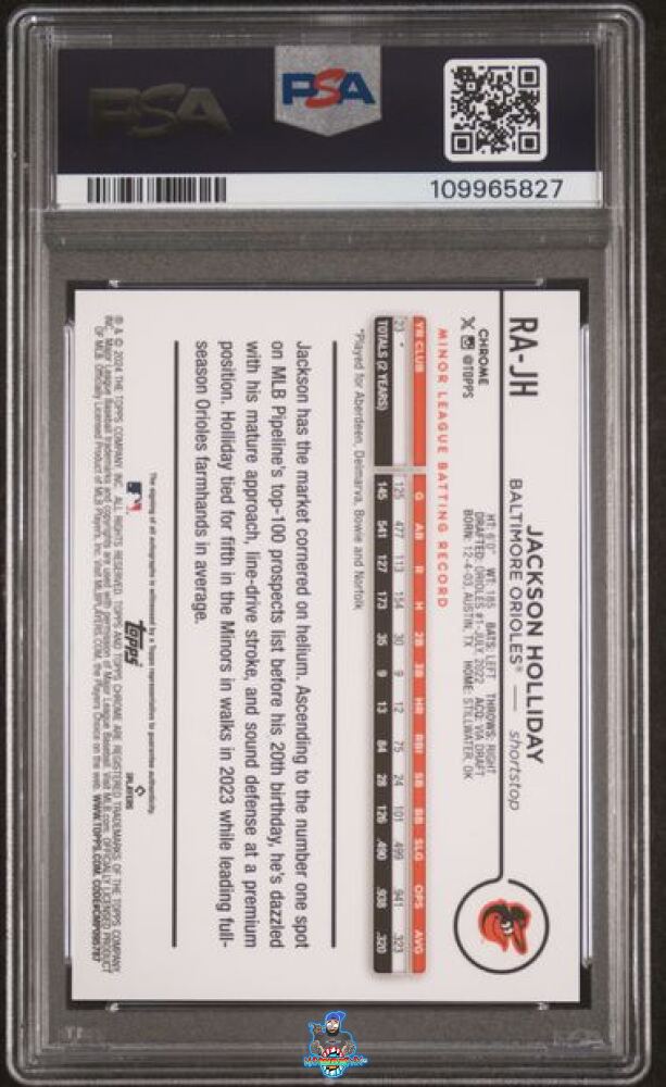 Back of 2024 Topps Chrome Update Rookie Autograph Magenta Purple Lava Lamp Refractor Jackson Holliday #RA-JH /299
