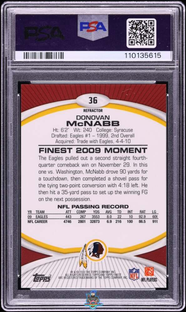 Back of 2010 Finest Superfractor Donovan Mcnabb #36 /1