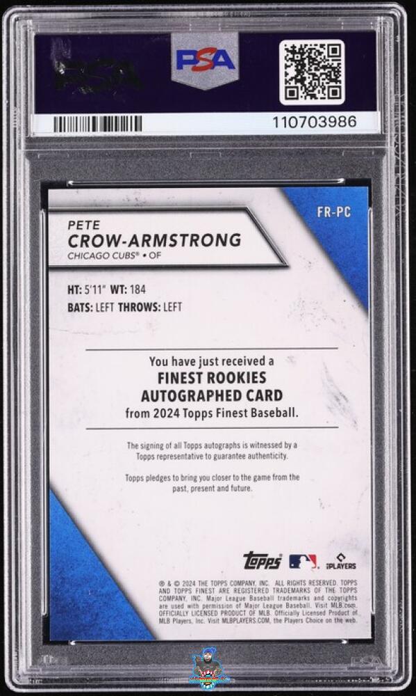 Back of 2024 Rookie Design Variation Autographs Orange Refractors Pete Crow-Armstrong #FRPC