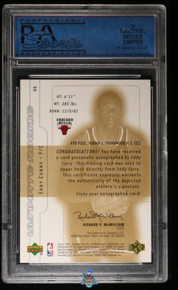 Back of 2001 Ultimate Collection Rookie Graded Autograph Eddy Curry #88 /250