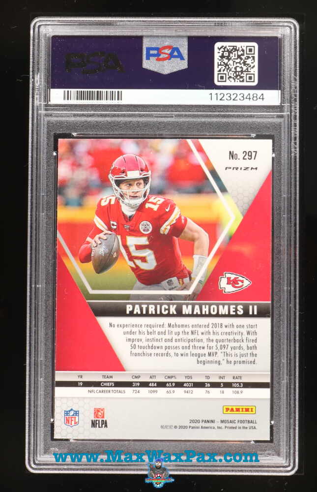 Back of 2020 Panini Mosaic Mosaic Prizm Patrick Mahomes II #297