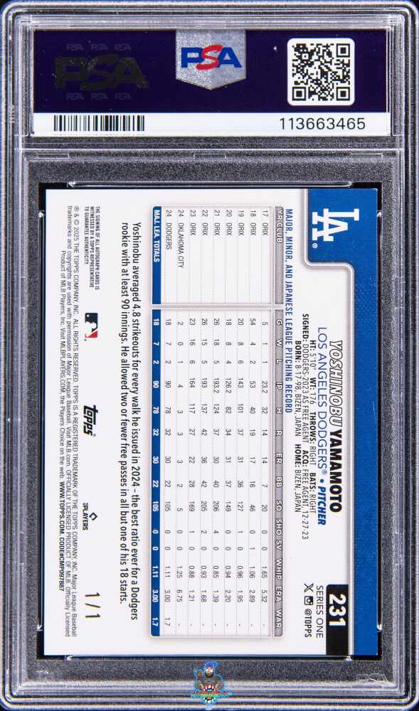 Back of 2025 Topps Autograph-Foilfractor 1/1 Yoshinobu Yamamoto #231