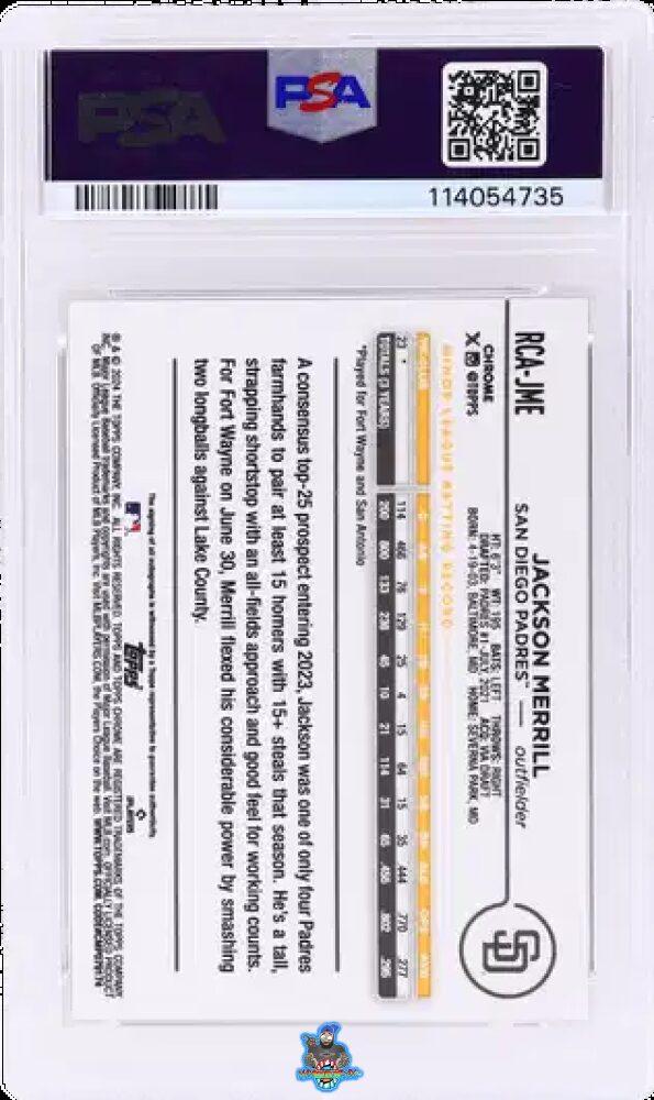 Back of 2024 Topps Chrome Logofractor Autograph Orange Refractor Jackson Merrill #RCA-JME /25