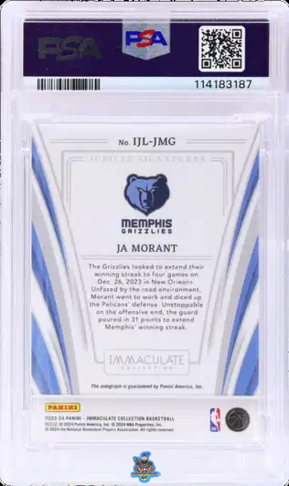 Back of 2023 Panini Immaculate Collection Jubilee Signature Ja Morant #IJLJMG /25