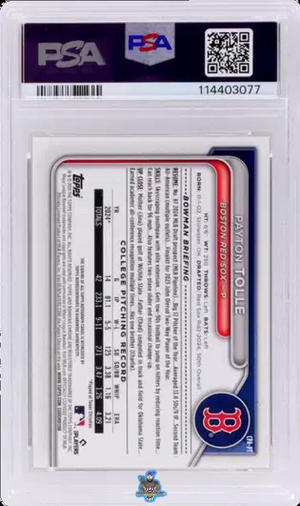 Back of 2024 Bowman Draft Chrome Prospect Autograph Gold Shimmer Payton Tolle #CPAPT /50