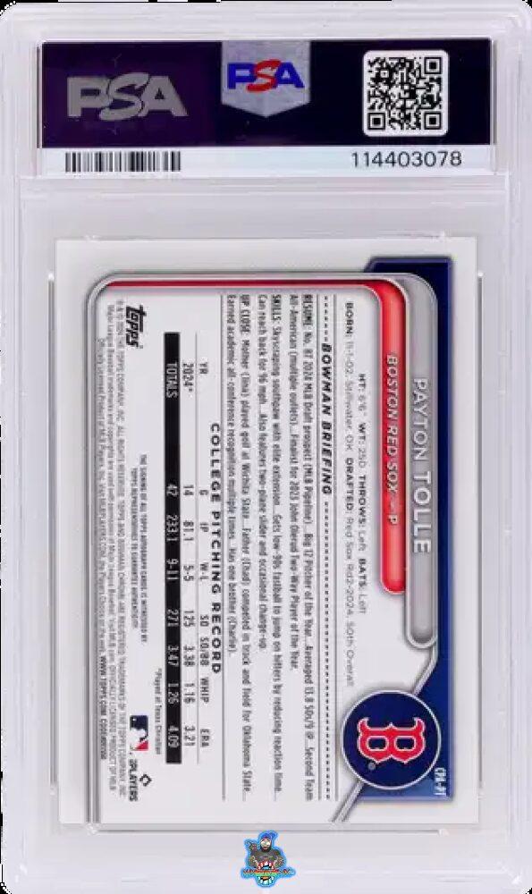 Back of 2024 Bowman Draft Chrome Prospect Autograph Gold Wave Payton Tolle #CPAPT /50