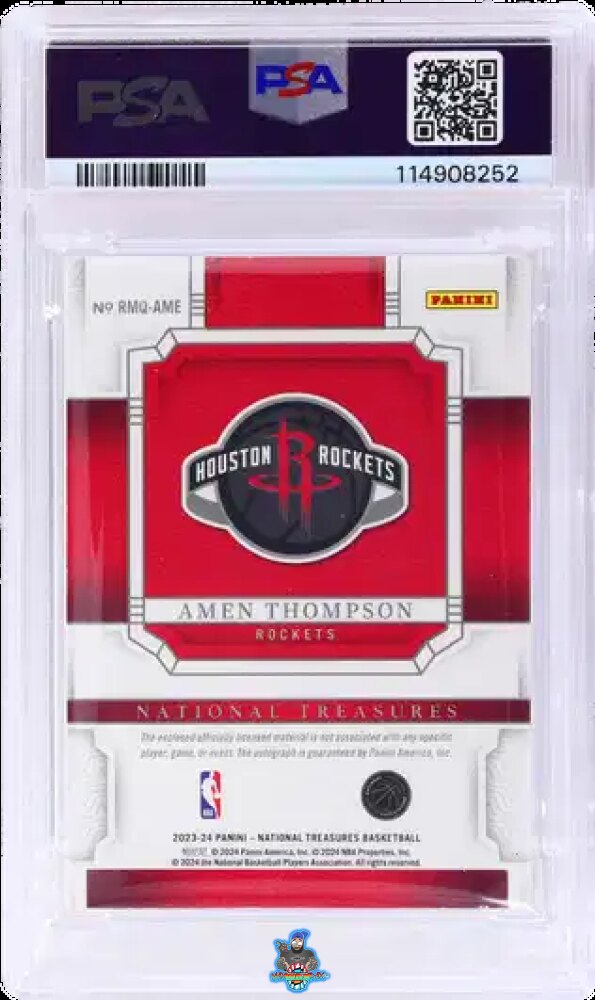 Back of 2023 National Treasures Rookie Materials Autograph Quad Super Prime Amen Thompson #RMQAME /1