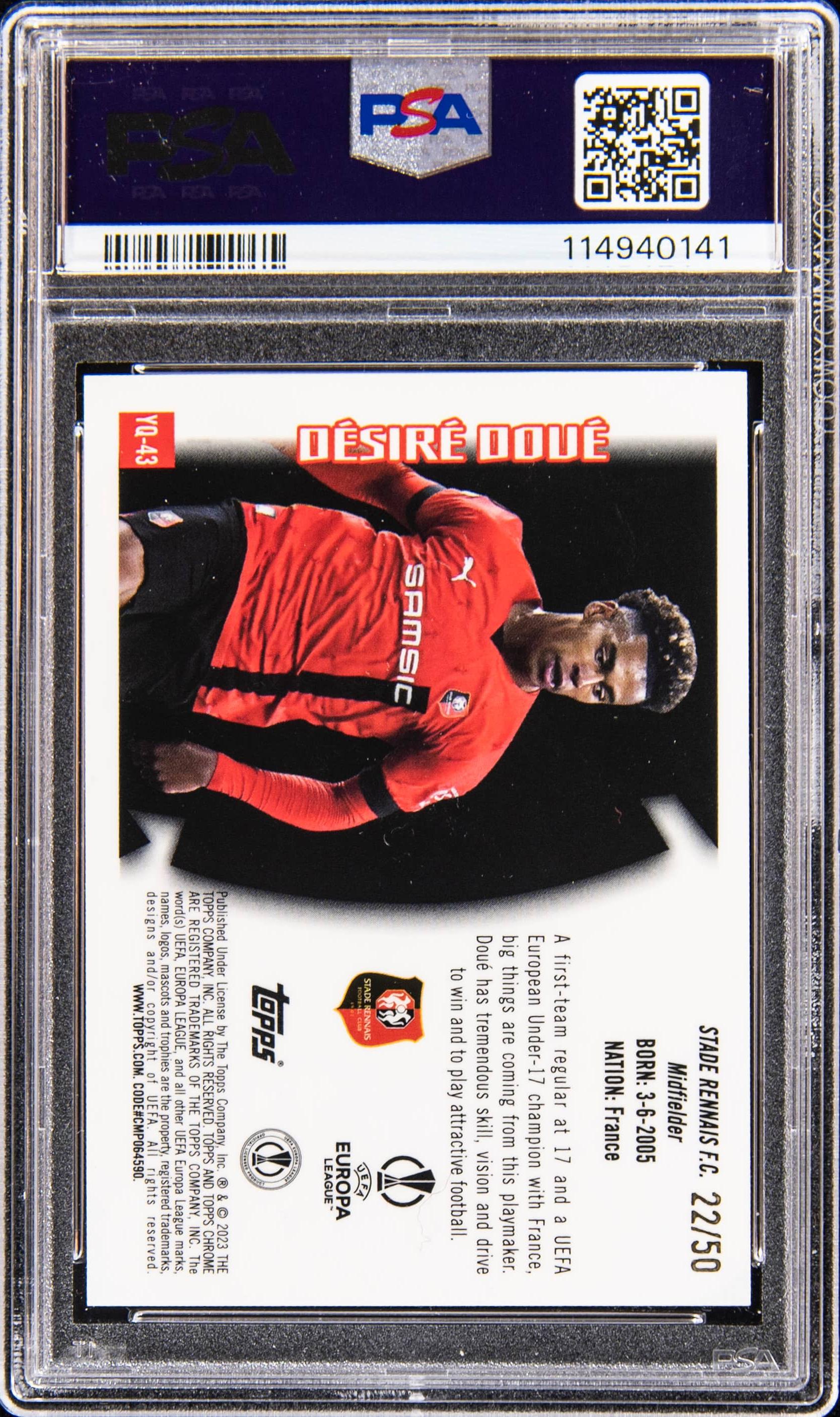 Back of 2022 Topps Chrome UEFA Club Competitions Youthquake Gold Refractor Desire Doue #YQ43
