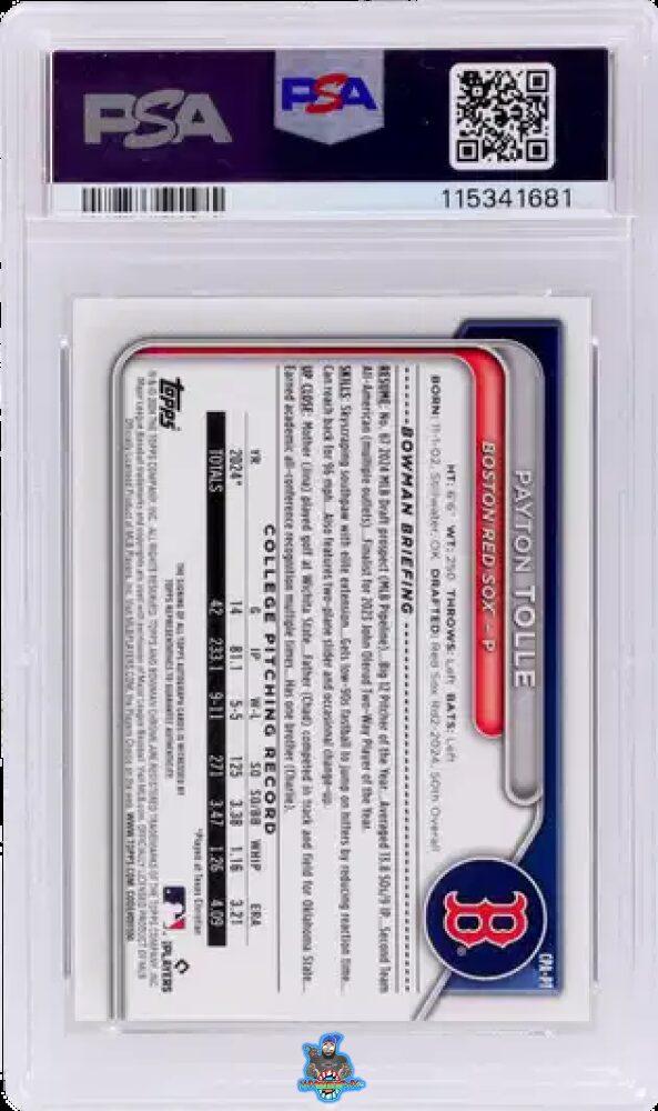 Back of 2024 Bowman Draft Chrome Prospect Autograph Blue Refractor Payton Tolle #CPAPT /150