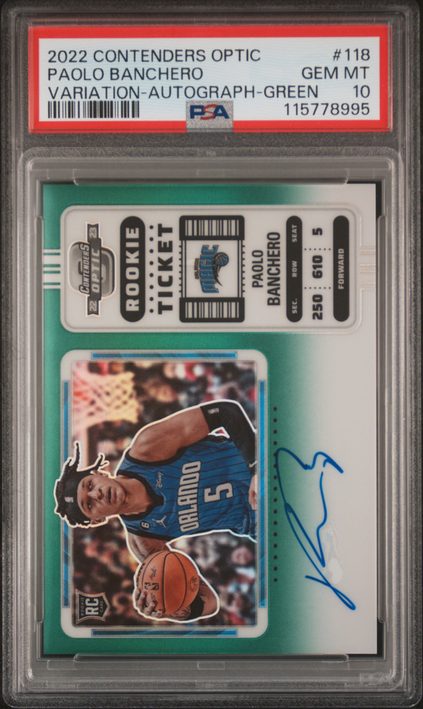 2022 Panini Contenders Optic Horizontal Variation Rookie Ticket Autograph Green Paolo Banchero #118 /75