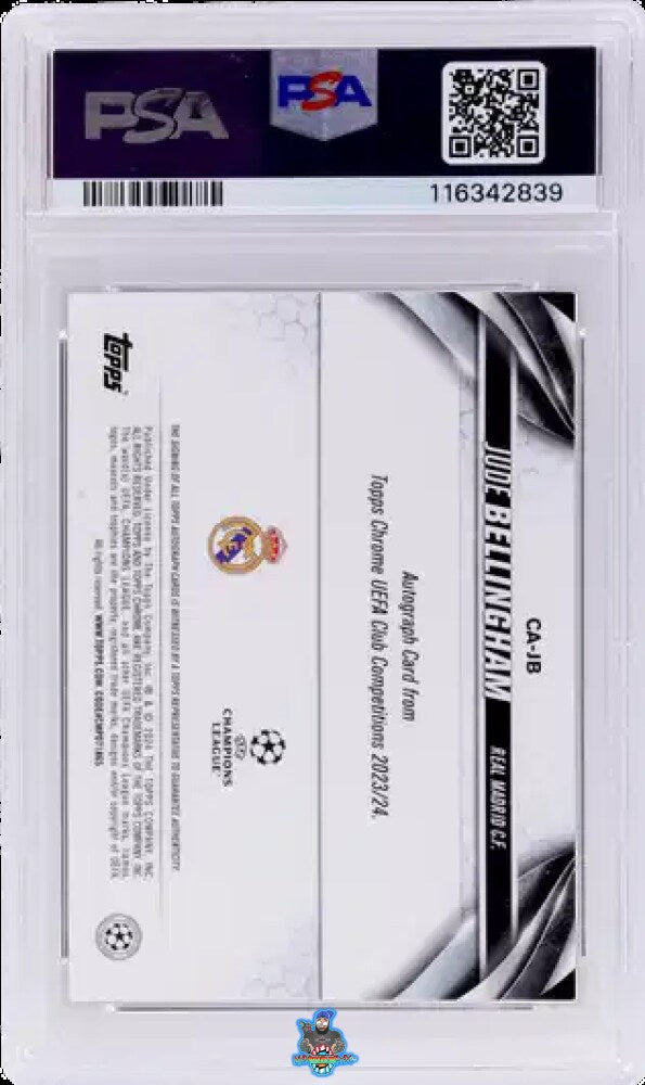 Back of 2023 Topps Chrome Sapphire UEFA Club Competitions Autograph Black Jude Bellingham #CA-JB /10