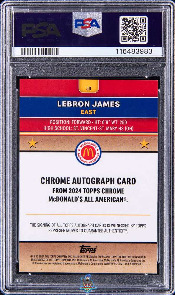 Back of 2024 Topps Chrome Mcdonald's All American Autograph-Red Refractor LeBron James #50