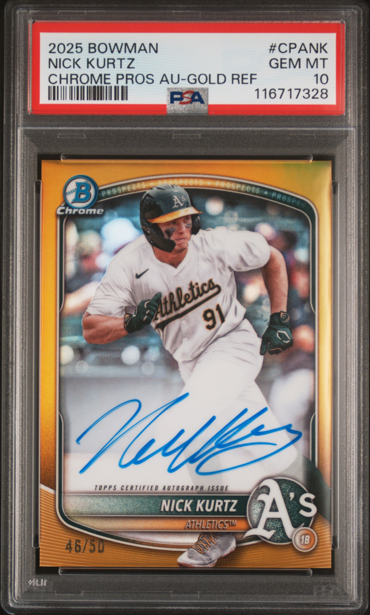2025 Bowman Chrome Prospect Autograph Gold Refractor Nick Kurtz #CPANK /50