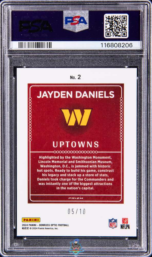Back of 2024 Donruss Optic Uptowns Gold Jayden Daniels #2 /10