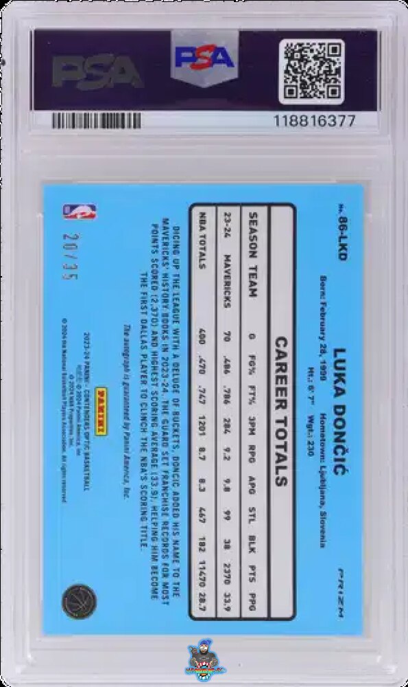 Back of 2023 Panini Contenders Optic '86 Tribute Autograph Green Luka Doncic #86LKD /35