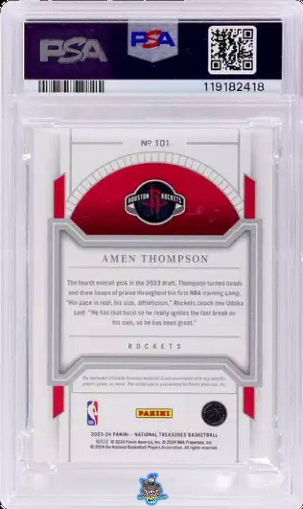 Back of 2023 National Treasures Rookie Patch Autograph Bronze Amen Thompson #101 /49