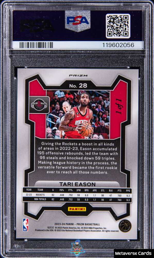 Back of 2023 Panini Prizm Choice Nebula Prizm Tari Eason #28