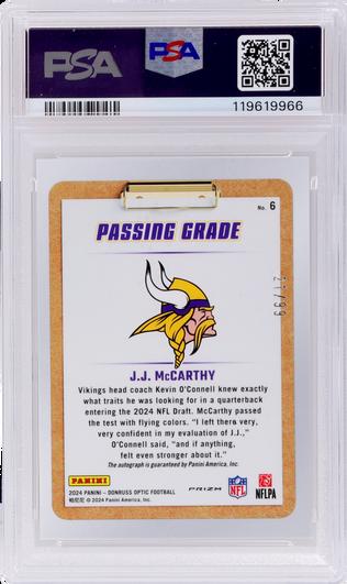 Back of 2024 Donruss Optic JJ Mccarthy Passing Grade Autograph