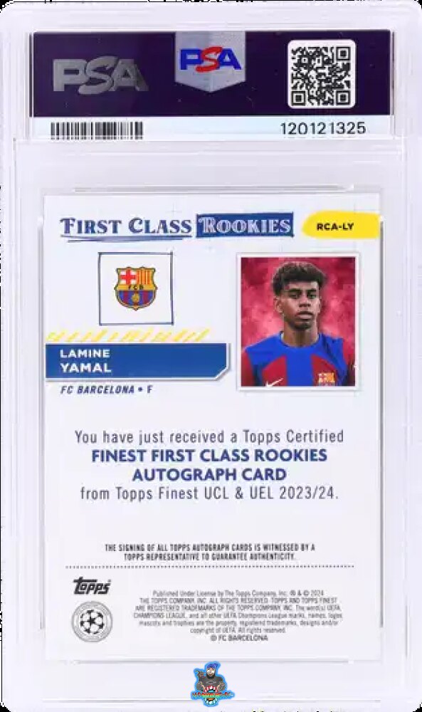 Back of 2023 Topps Finest UEFA Club Competitions First Class Rookies Autograph Lamine Yamal #RCALY