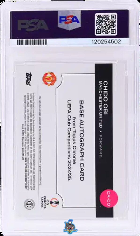 Back of 2024 Topps Chrome UEFA Club Competitions Autograph Red Geometric Refractor Chido Obi #CA-CO /5