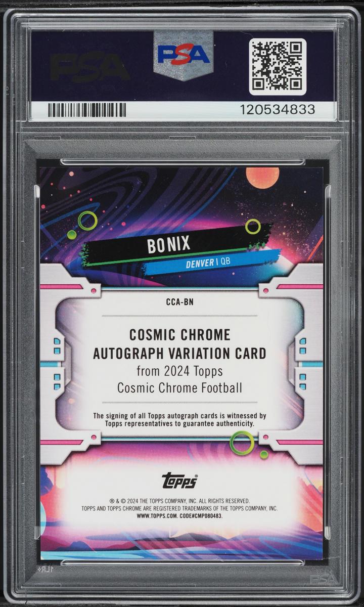 Back of 2024 Topps Cosmic Chrome Cosmic Chrome Autographs Orange Galactic Bo Nix #BN