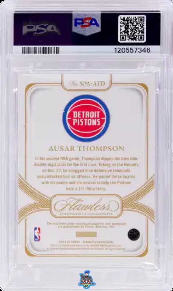 Back of 2023 Panini Flawless Signature Prime Material Ruby Ausar Thompson #SPA-ATD /15