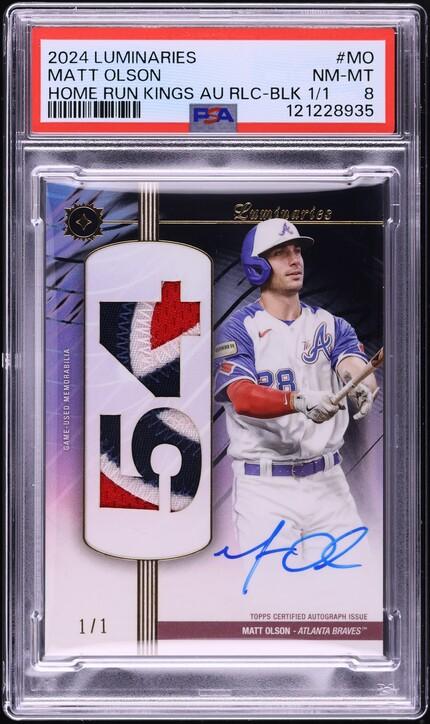 2024 Topps Luminaries Home Run Kings Black Matt Olson PATCH AUTO 1/1 #HRKAR-MO PSA 8 NM-MT
