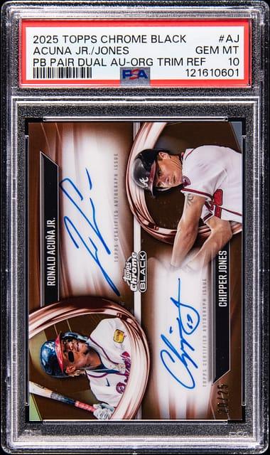 2025 Topps Chrome Black Pitch Black Pairings Dual Autographs Orange Trim Refractor Chipper Jones/Ronald Acuna Jr. #AJ