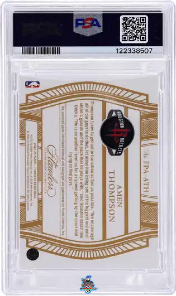 Back of 2023 Panini Flawless Flawless Patch Autograph Amen Thompson #FPA-ATH /25