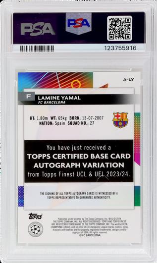 Back of 2023 Finest UEFA Club Competition Autograph Neon Green Refractor Lamine Yamal #ALY /99